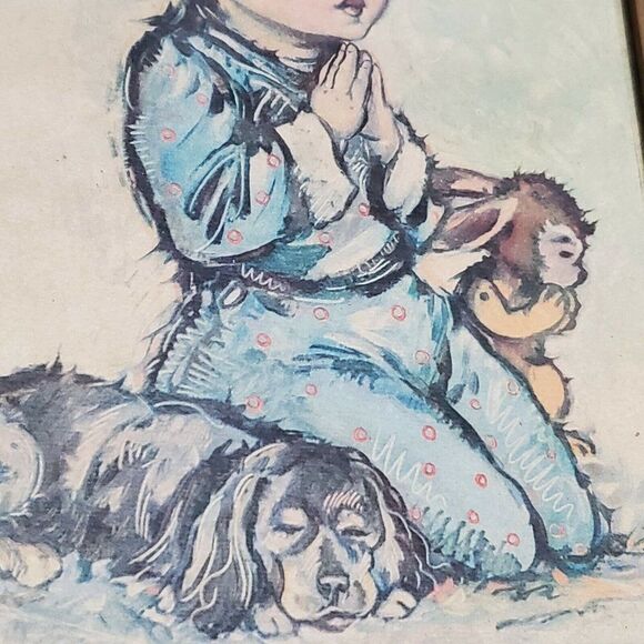 Framed wall Picture Boy with Dogs Puppies bedtime Prayer Jean Bukac Lithographs - Picture 5 of 5